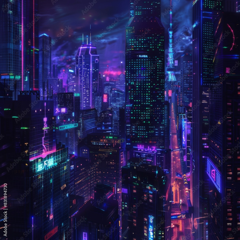 Obraz premium Capture the essence of Nocturnal Urban Life with neon lights against dark skyscrapers in a digital urban landscape