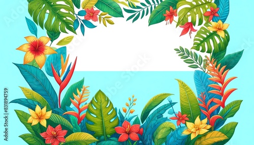 A vibrant and colorful border illustration with Chinese Evergreen and tropical flowers