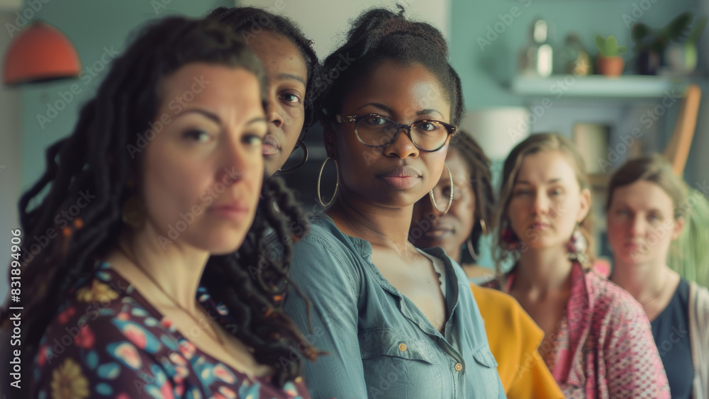 Obraz premium A diverse group of women stands together, exuding unity and determination.