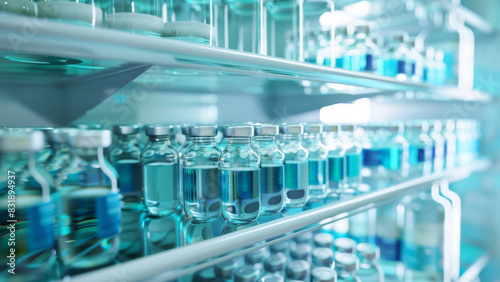 Refrigerated vials containing blue liquid neatly stacked in a pharmaceutical fridge.