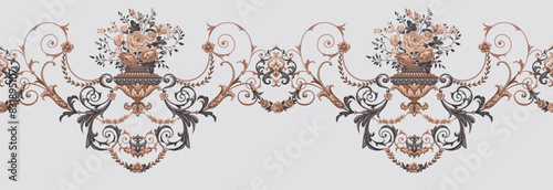Baroque seamless border with vase and bouquet of roses in duocolors