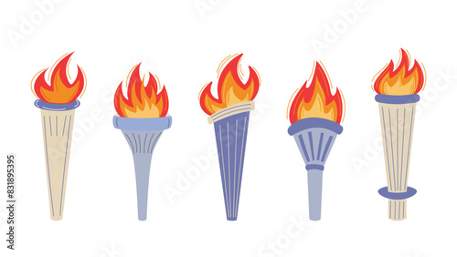 Vector set of olympic torches with burning. Symbols of relay race, competition victory, champion or winner in flat cartoon style.
