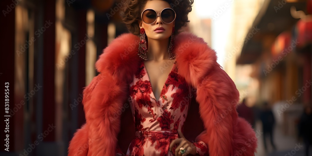 Stylish diva exudes confidence while strutting down the street in a glamorous fur coat. Concept Fashion, Street Style, Confidence, Glamour, Fur Coat