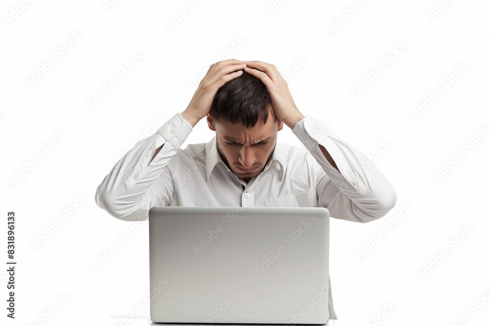 Stressed man holding his head in frustration while sitting in front of a laptop Stressed man holding his head in frustration while sitting in front of a laptop