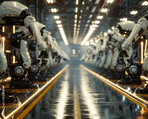 A CG 3D rendering of an advanced robotic assembly line in a futuristic warehouse