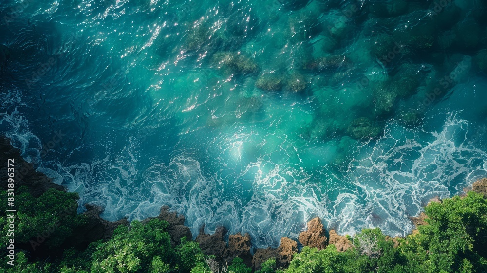 Aerial drone top view of ocean beautiful waves and rocky coast with greenery Aerial drone top view of ocean beautiful waves and rocky coast with greenery