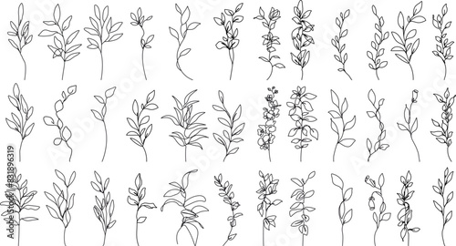 Flowers, Branches Line Art Vector Illustration Set for Prints, Social Media, Icons. Floral Art Trendy Minimalist Style. Set of Abstract Flowers in Linear Style. Hand Drawn Doodle Template Collection