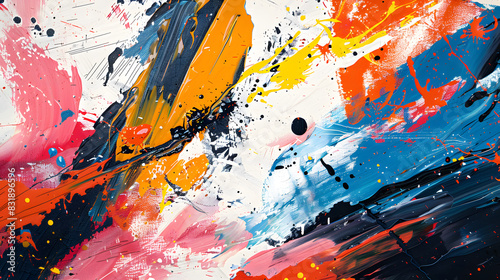 An abstract background with a chaotic mix of brush strokes and splatters. Use a variety of colors and brush techniques to form a dynamic, energetic composition that captures the spontaneity