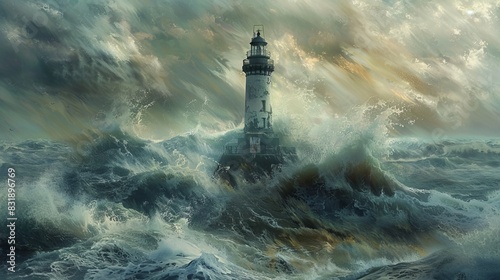 Dramatic lighthouse standing strong amidst powerful stormy ocean waves and turbulent skies, symbolizing resilience and guidance. photo