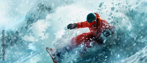 Dynamic action shot of a snowboarder in a red suit performing a trick on a snowy mountain, with a background of trees and fresh snow.