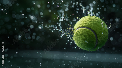 Close-up of a tennis ball with a lively splash on a wet surface, freezing the action.