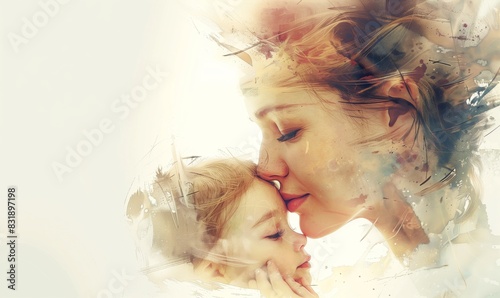 Mother gently kisses her child's forehead in a tender, loving embrace