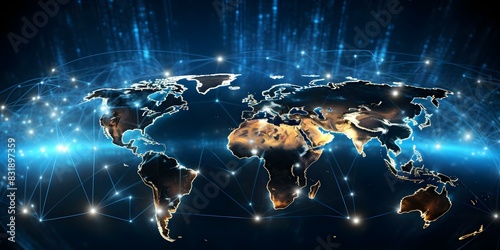 Global communication technology network on blue futuristic background with planet earth. Concept Communication Technology  Global Network  Blue Background  Futuristic Design  Earth Planet