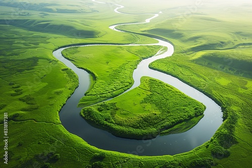 Aerial shot featuring a winding river on extensive green grasslands, minimalist composition and high-definition image quality