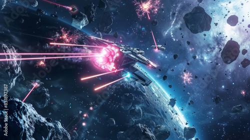 Fototapeta Naklejka Na Ścianę i Meble -  Intense space battle scene with futuristic spaceships and explosive effects among asteroids.