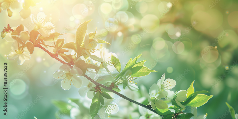 Delicate White Flowers with Sunlit Bokeh Background. The image captures the beauty of nature in full bloom, showcasing intricate petal details and fresh green leaves, creating a serene and uplifting v Delicate White Flowers with Sunlit Bokeh Background. The image captures the beauty of nature in full bloom, showcasing intricate petal details and fresh green leaves, creating a serene and uplifting v
