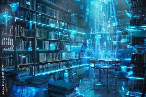 A futuristic digital library of holographic books and virtual reality interfaces, showcasing cutting-edge technology for a tech companys ad campaign