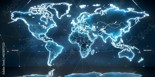 Digital holographic world map on light blue background in wide shot. Concept Holographic world map, Digital technology, Light blue background, Wide shot, Global perspective
