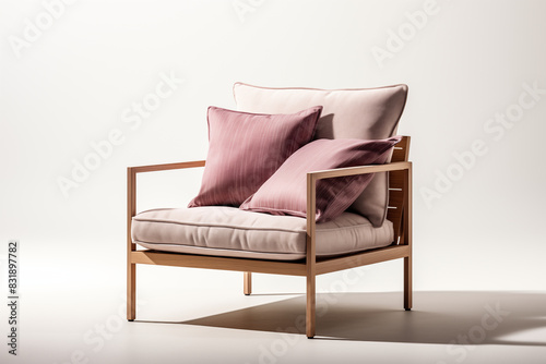 Modern wooden armchair with pink cushions isolated on white background 3D rendering