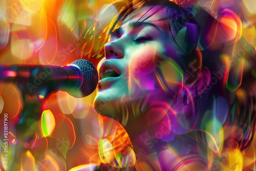 Female singer passionately performing on stage with vibrant, colorful lights and effects in the background. photo