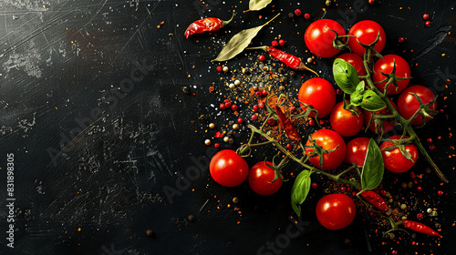 Cherry tomatoes with spices on a black background