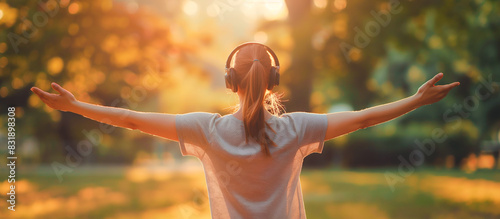 Healthy woman wearing headphone doing stretching in the  outdoor park