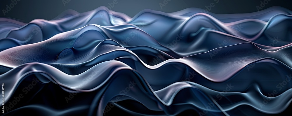 3D abstract design with flowing, ribbon-like shapes and a dark gradient backdrop