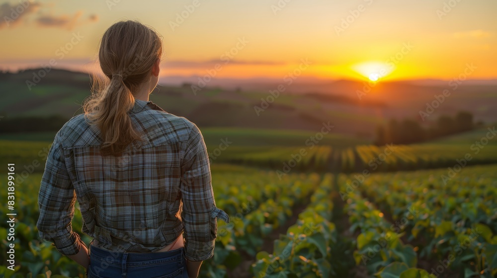 Woman standing in a field, watching a beautiful sunset over rolling hills, capturing the serene and peaceful embrace of nature.