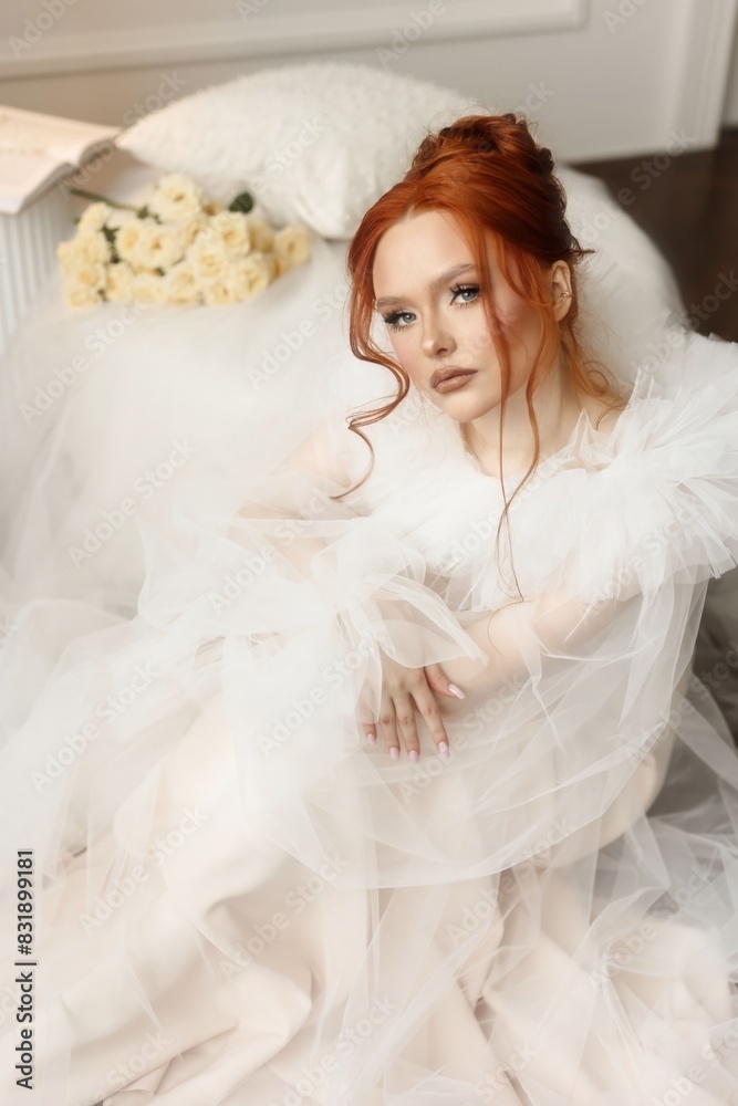 Stunning photos of a lovely redhead woman donning a white wedding dress, her professional makeup accentuating her radiant features. In a serene photo studio with a classic light interior Stunning photos of a lovely redhead woman donning a white wedding dress, her professional makeup accentuating her radiant features. In a serene photo studio with a classic light interior