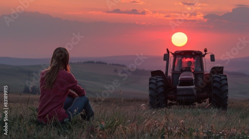 Woman sitting in field watching sunset with tractor in distance, serene agricultural landscape, peaceful end of day, rural life beauty. photo