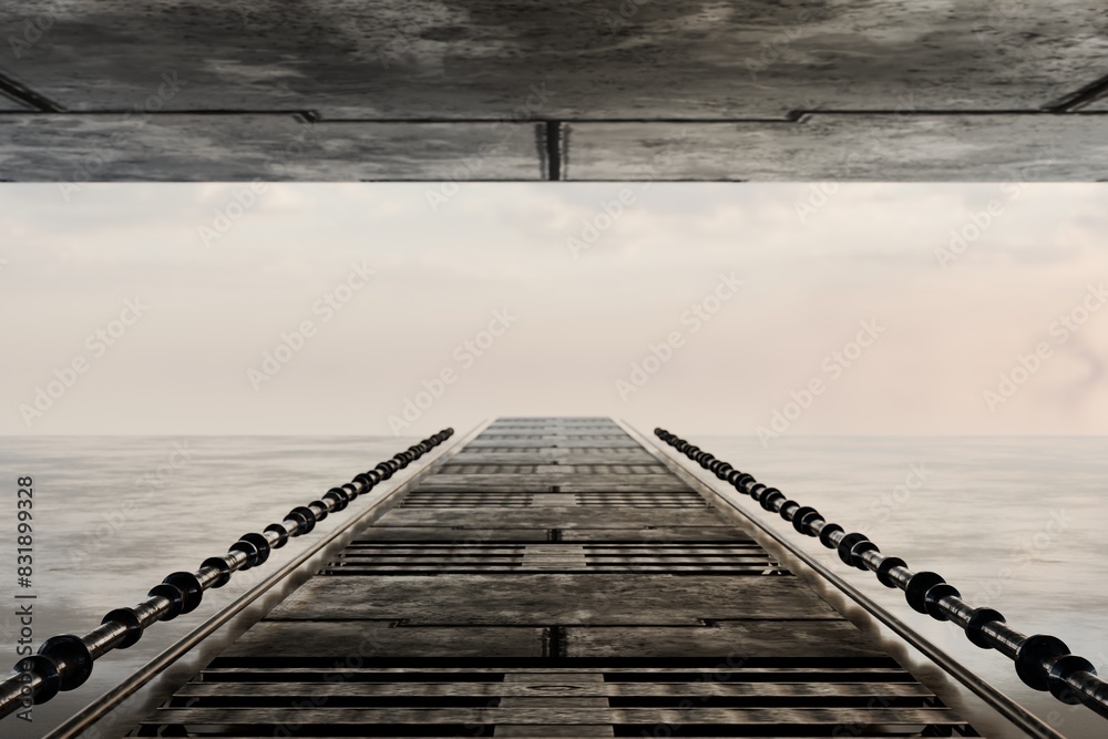 Obraz premium Interior dark room, hangar with concentrate wall and floor, fog and mist environment. 3d render. 