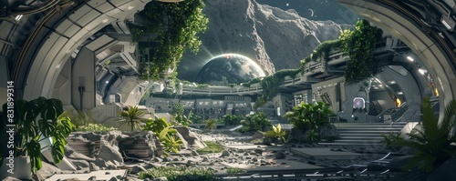 Design a lunar colony with a central biodome filled with lush plants, futuristic architecture, and a network of tunnels leading to underground habitats photo