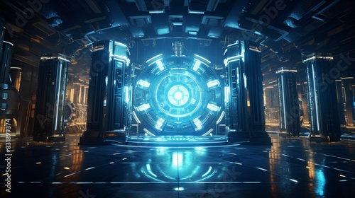 A modern digital vault filled with glowing currency symbols  high-tech CG 3D design  intricate details  rich glowing ambience  exuding security and immense value