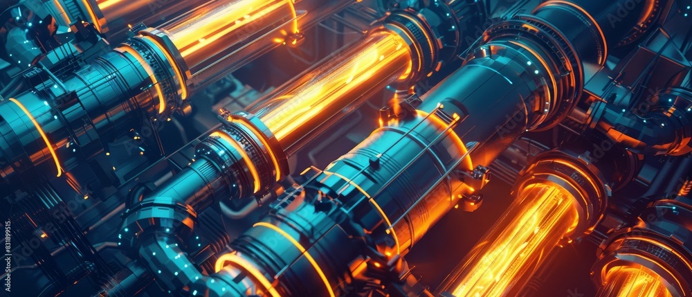 High-angle view of a futuristic power plant at night, intricate network of glowing neon lines, cutting-edge technology, CG 3D rendering, dramatic shadows, sci-fi aesthetic High-angle view of a futuristic power plant at night, intricate network of glowing neon lines, cutting-edge technology, CG 3D rendering, dramatic shadows, sci-fi aesthetic