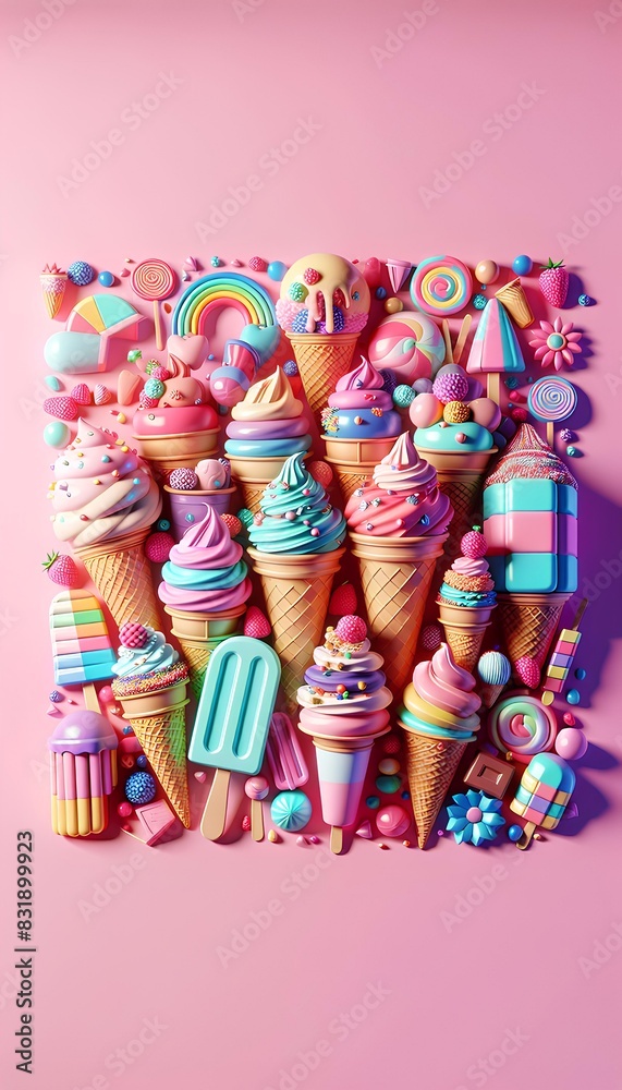 3D Sweet Symphony of Ice Cream and Candy, colorful assortment of ice creams, popsicles, and candies arranged on a soft pink background. The image radiates a sense of playful indulgence