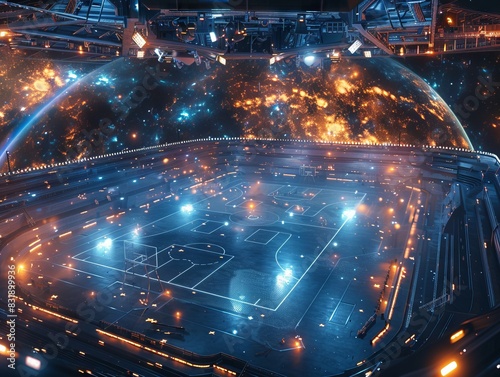 Illustrate a Quantum Sports Arena floating in space