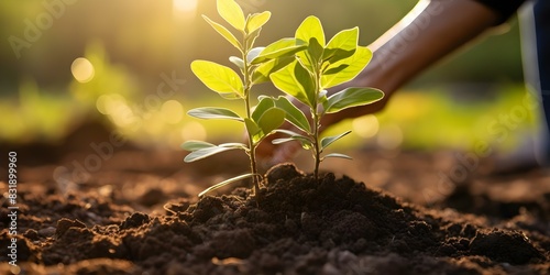 Protecting Nature: Farmers Planting Trees in Fertile Soil Against Sunny Bokeh Background. Concept Nature Conservation, Sustainable Agriculture, Environmental Awareness, Sunny Weather, Tree Planting photo
