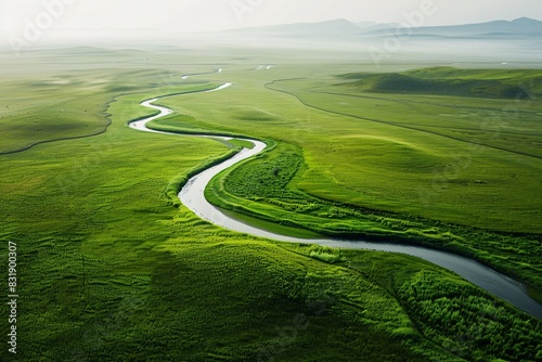 Aerial photograph showcasing a curving river on expansive grasslands with clear skies and minimalistic aesthetics, high-definition quality