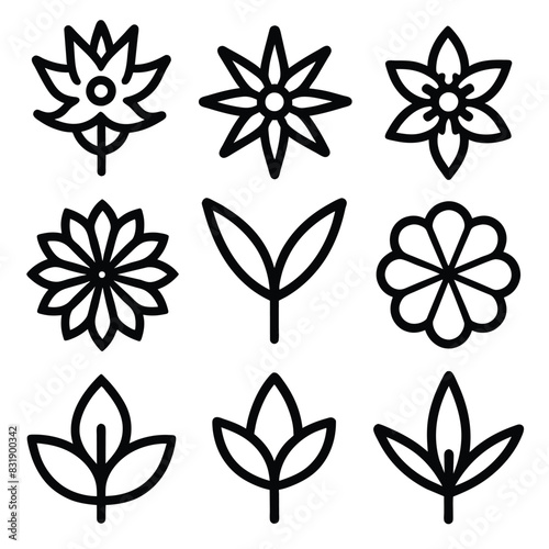 Set of Solid black outline Flower vector line icon design