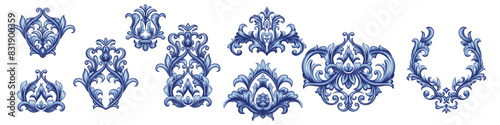 Set of blue elements in Baroque style for design of textile and greeting cards