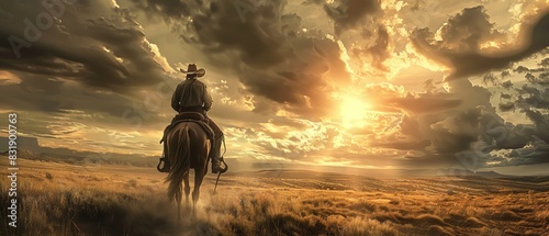 Lone cowboy on horseback riding into the sunset in a vast open field under dramatic clouds, capturing the essence of the wild west. photo