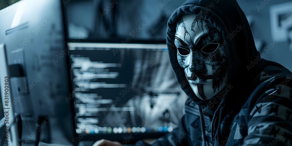 Cyber Attack: Hacker in Mask at Computer Screen with Code Data. Concept Cyber Attack, Hacker, Data Breach, Computer Crime, Cybersecurity