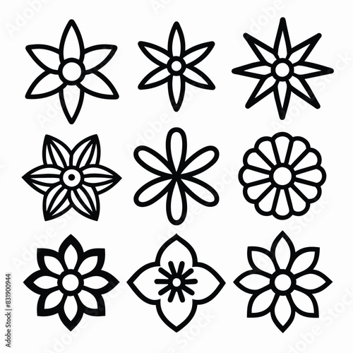 Set of Solid black outline Flower vector line icon design