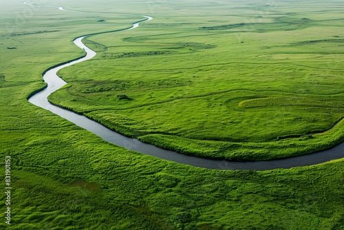 High-definition aerial image of a twisting river amidst a sea of green grasslands with a minimalistic approach