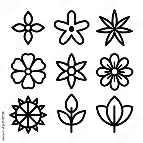 Set of Solid black outline Flower vector line icon design