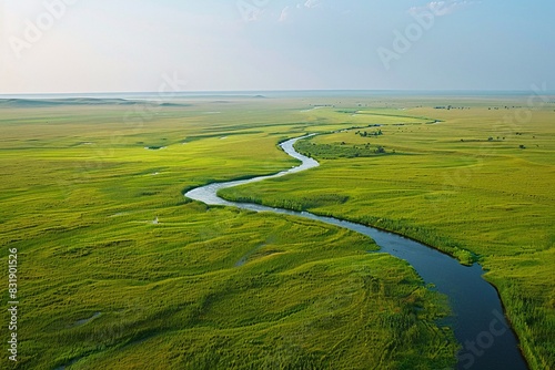 Aerial photograph showcasing a curving river on expansive grasslands with clear skies and minimalistic aesthetics  high-definition quality