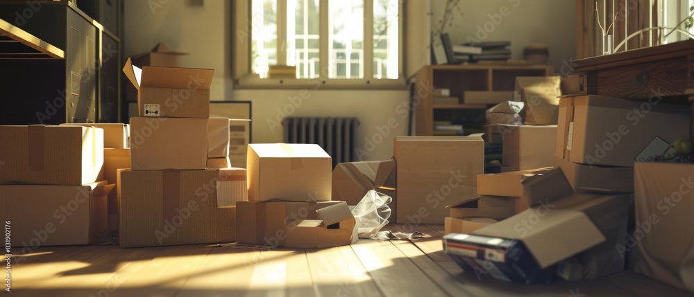 A room awakens to a new beginning amidst the scattered remnants of a recent move. A room awakens to a new beginning amidst the scattered remnants of a recent move.