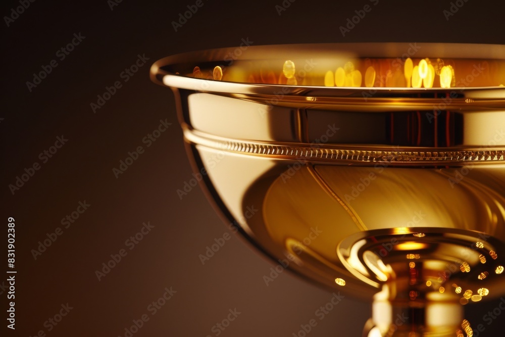 Illustrate a sleek, modern side view of a golden trophy, gleaming under soft, ambient light Capture the intricate details of the engraved words and the smooth curves