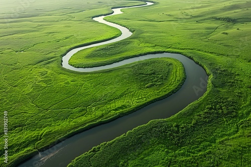 Aerial perspective of a winding river weaving through endless grasslands, minimalism in composition, high-definition quality