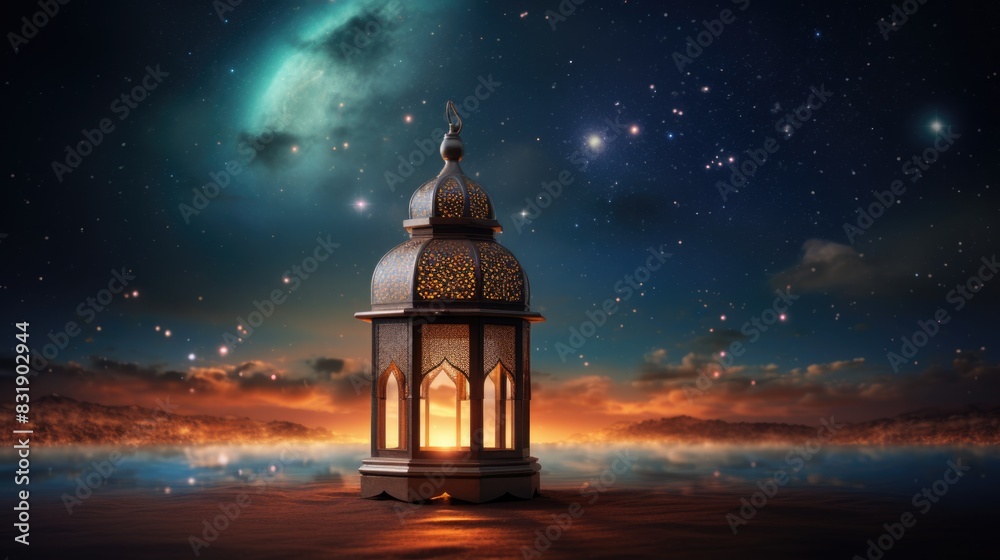 Lanterns stands in the desert at night sky, lantern islamic Mosque, crescent moon Ramadan Kareem themed illustration background Lanterns stands in the desert at night sky, lantern islamic Mosque, crescent moon Ramadan Kareem themed illustration background
